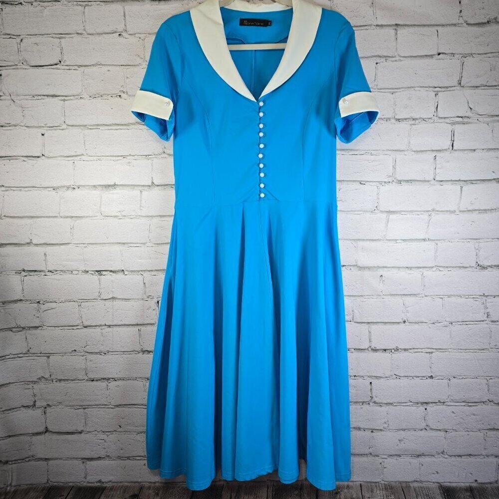 WOMENS GOWNTOWN VINTAGE 1950'S SWING DRESS BLUE WHITE CAPE COLLAR CUFFS XL